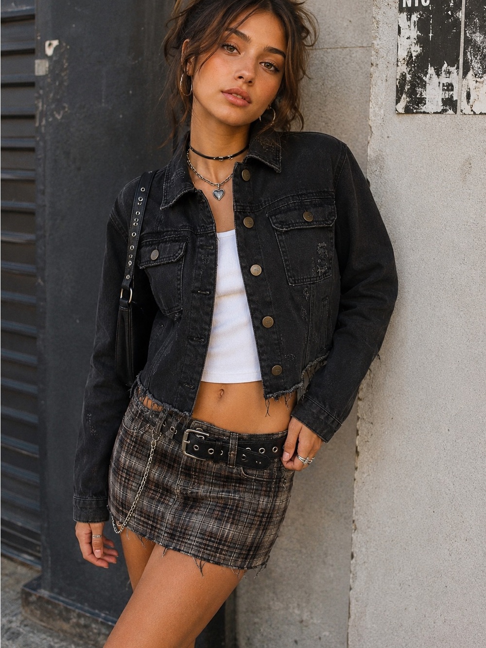 Mono B Distressed Black Cropped Denim Jacket M, Y2K Grunge Raw Hem, Indie Sleaze